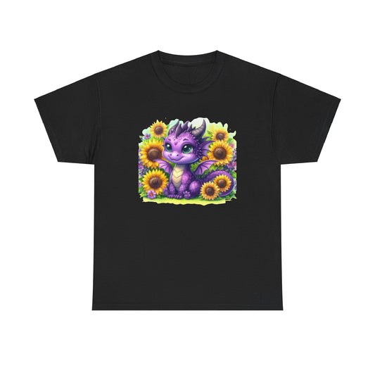 Dragon and Sunflowers Tee, Purple Dragon Graphic Shirt, Cute Fantasy Unisex Top, Nature Lover Gift, Garden Theme T-Shirt, Sunflower Dragon