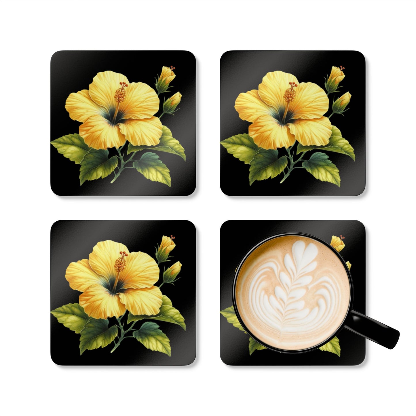 Coaster Set - Yellow Hibiscus Flower Design