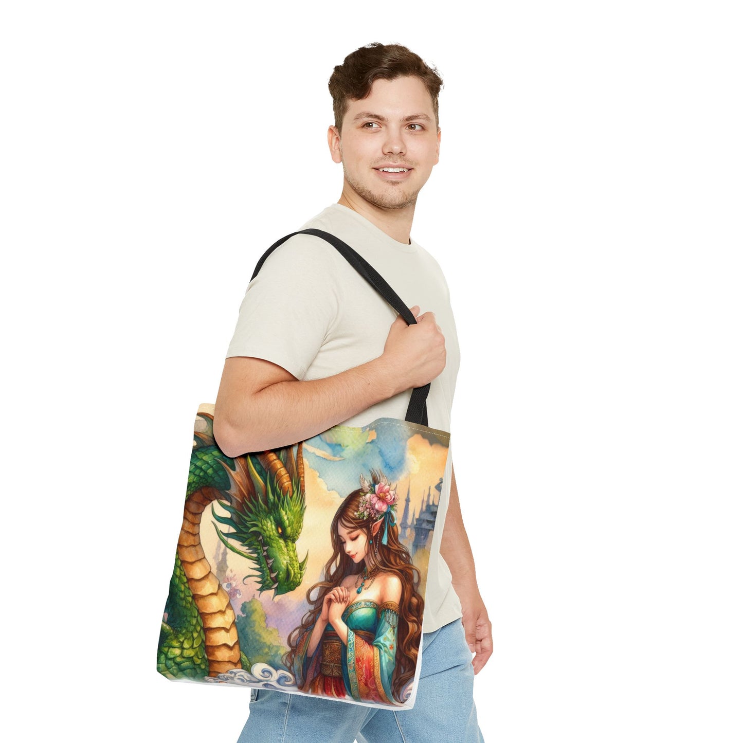 Dragon Guardian Tote Bag - Female Dragon Design, Dragon Lover Gift, Fantasy Art Bag, Mythical Creature Tote, Reusable Shopping Bag