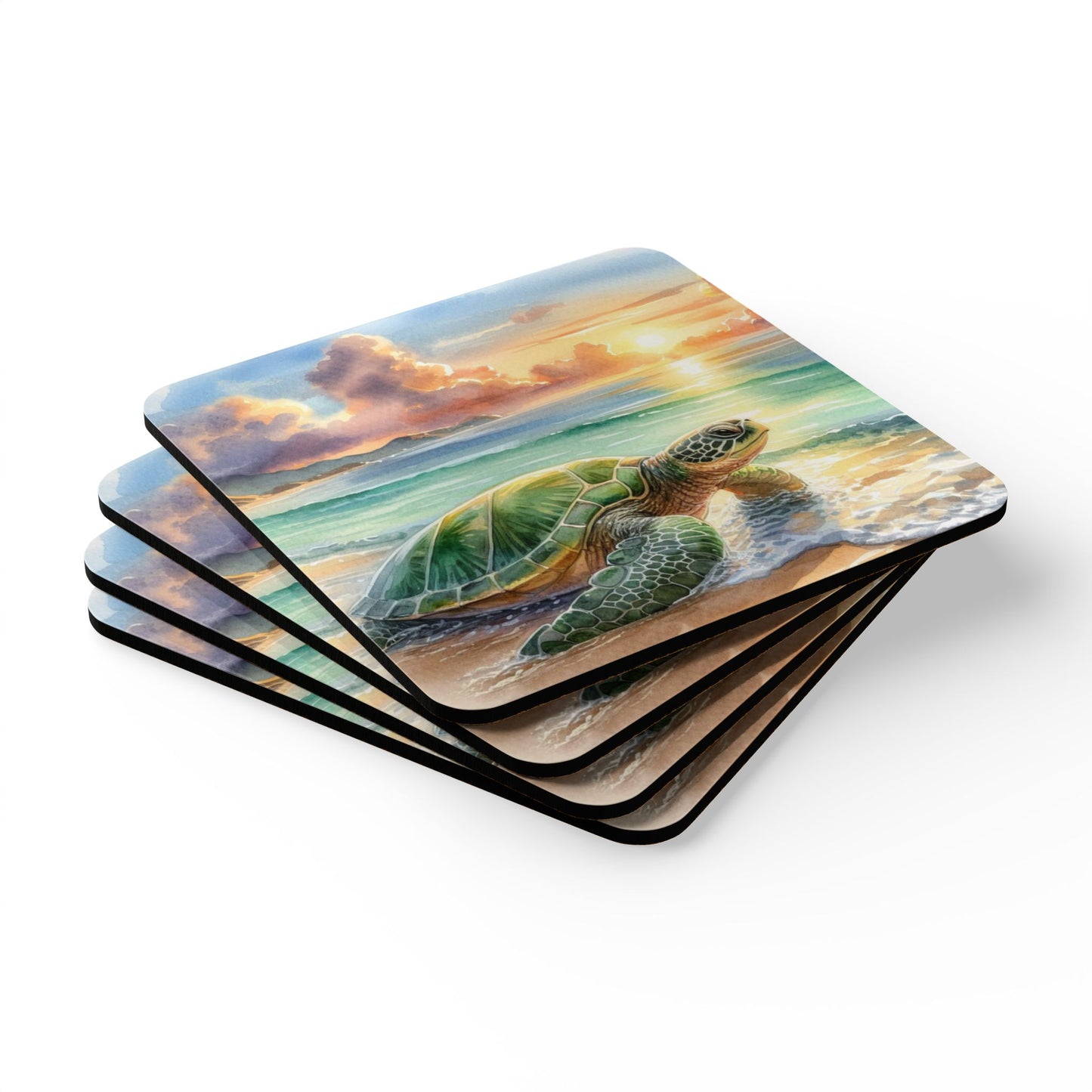 Coaster Set - Turtle Crawling Back into the Ocean at Sunset