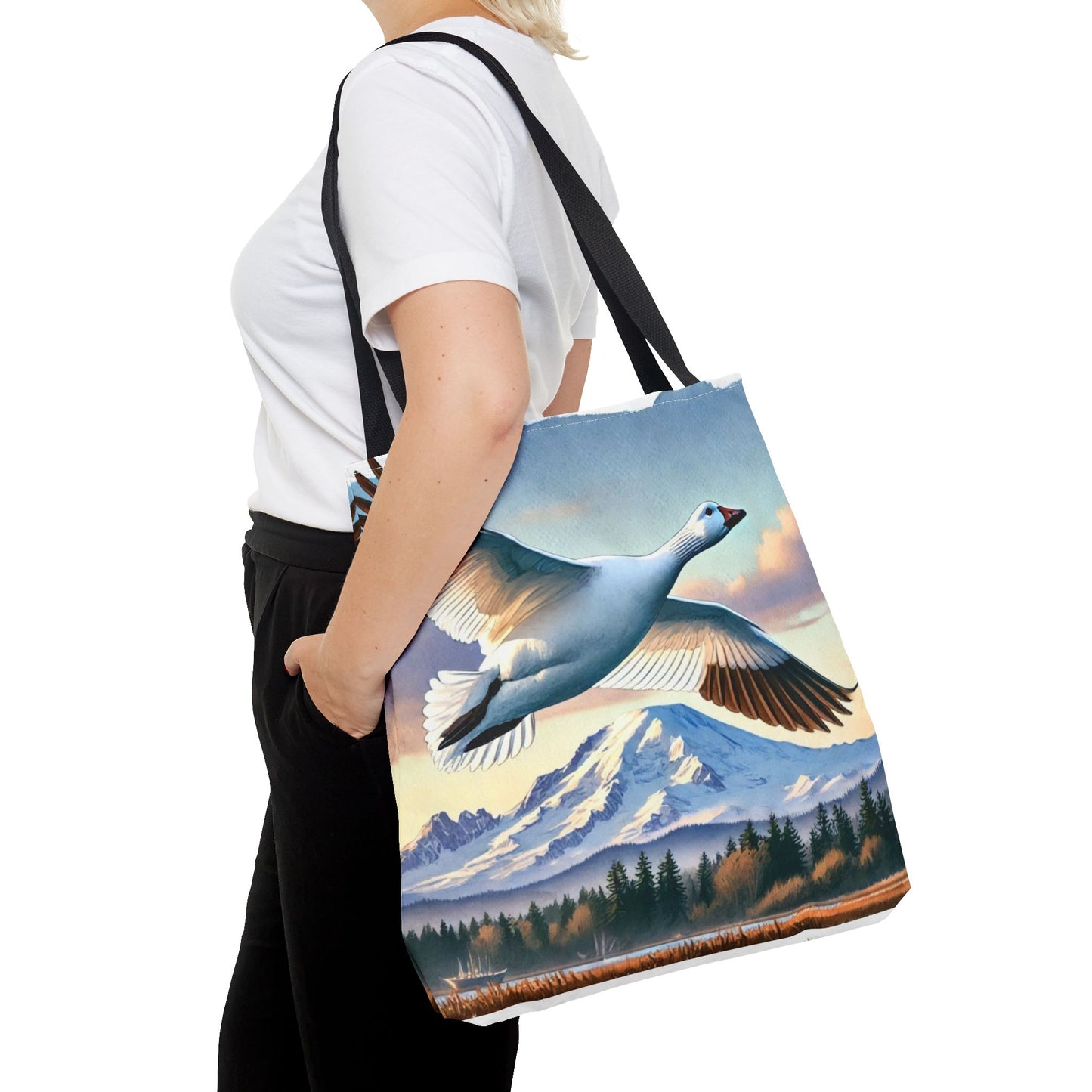 Snow Goose Tote Bag, Mountain Wildlife Nature Shoulder Bag, Bird Lover Gift, Travel Shopping Purse, Eco-Friendly Canvas Tote, Animal Art