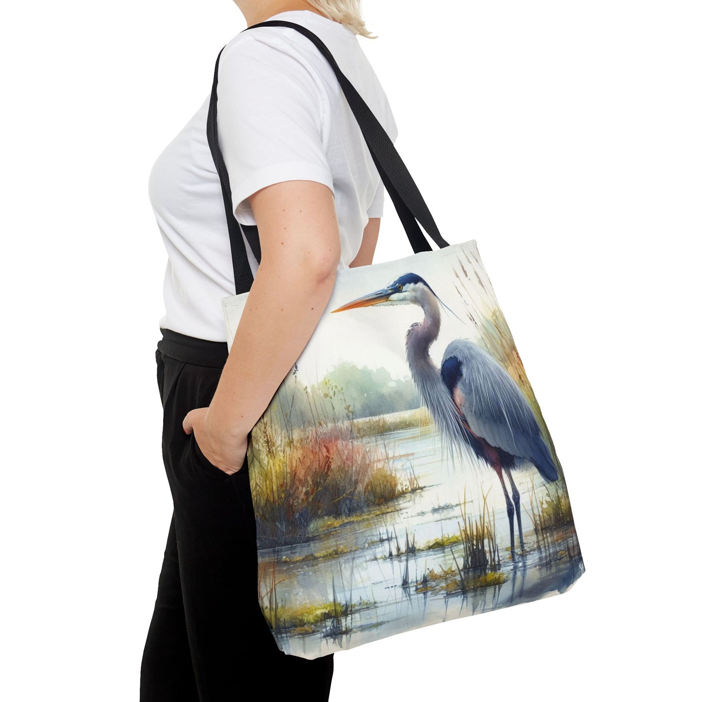 Blue Heron Tote Bag, Wildlife Nature Tote, Bird Lover Gift, Eco-Friendly Grocery Bag, Marsh Scene Beach Bag