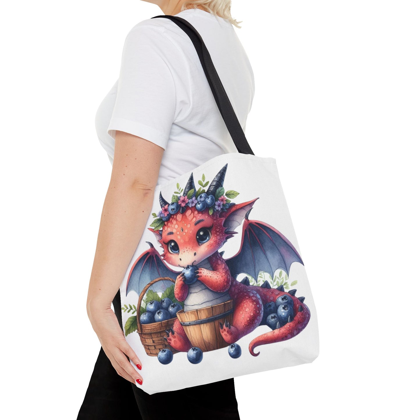 Dragon Tote Bag - Adorable Dragon Eating Blueberries