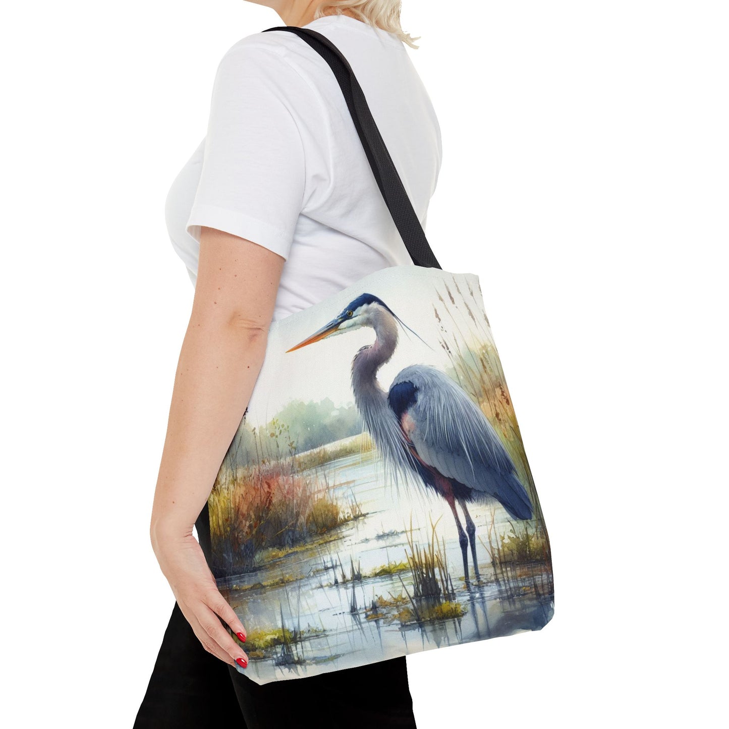 Blue Heron Tote Bag, Wildlife Nature Tote, Bird Lover Gift, Eco-Friendly Grocery Bag, Marsh Scene Beach Bag