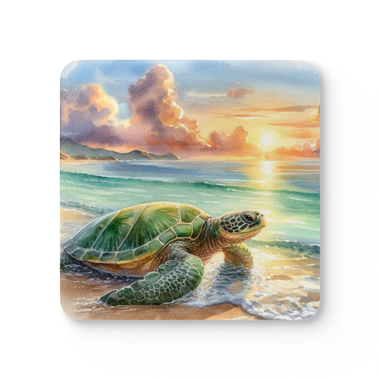 Coaster Set - Turtle Crawling Back into the Ocean at Sunset