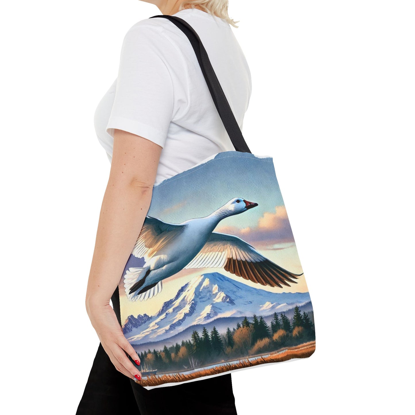 Snow Goose Tote Bag, Mountain Wildlife Nature Shoulder Bag, Bird Lover Gift, Travel Shopping Purse, Eco-Friendly Canvas Tote, Animal Art