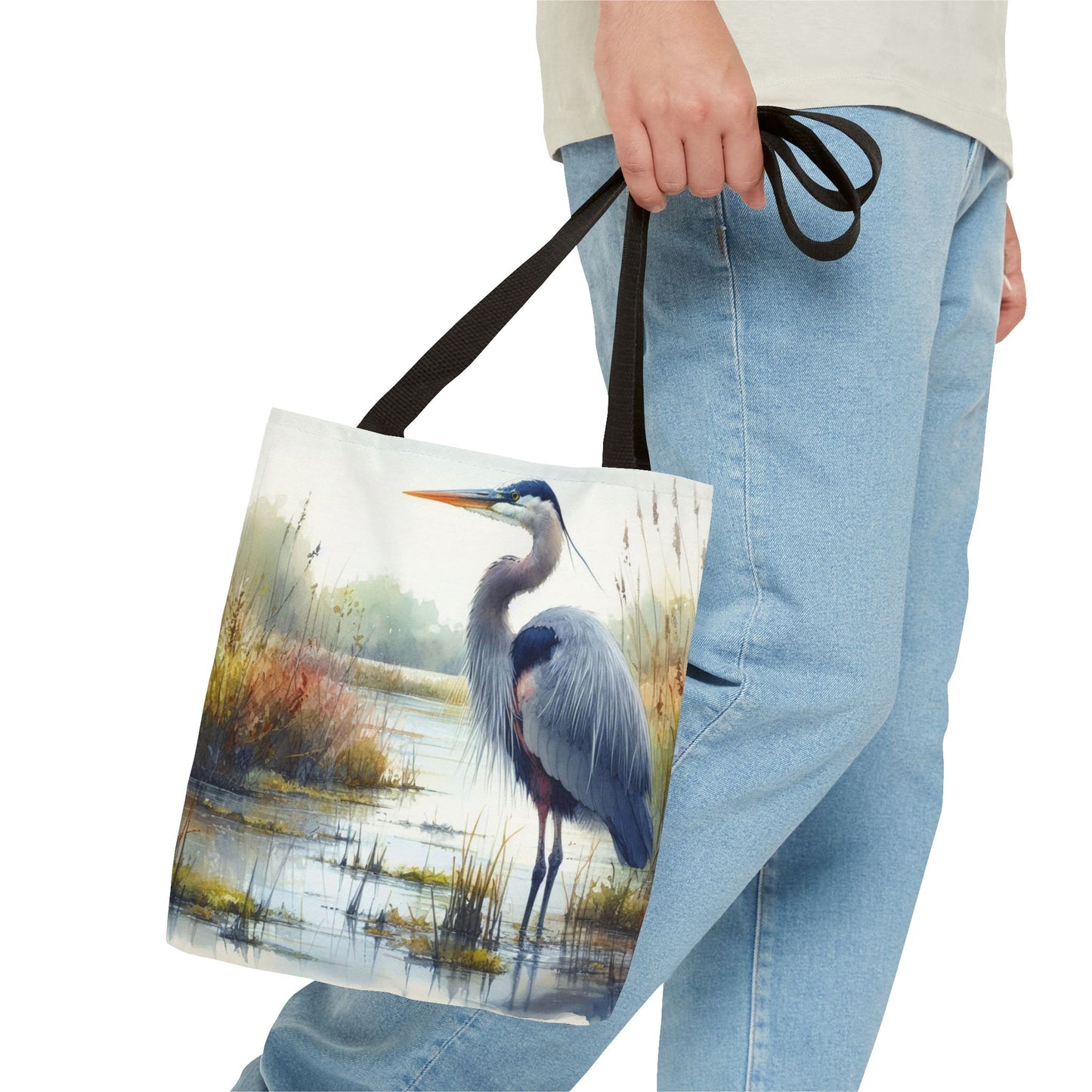 Blue Heron Tote Bag, Wildlife Nature Tote, Bird Lover Gift, Eco-Friendly Grocery Bag, Marsh Scene Beach Bag