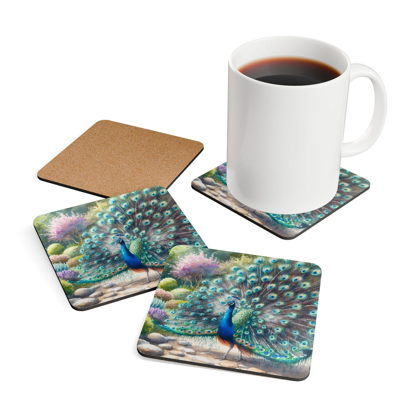 Coaster Set with Peacock Design for Home Decor, Cork Coasters, Drink Coasters, Table Coasters, Housewarming Gift, Kitchen Decor, Unique