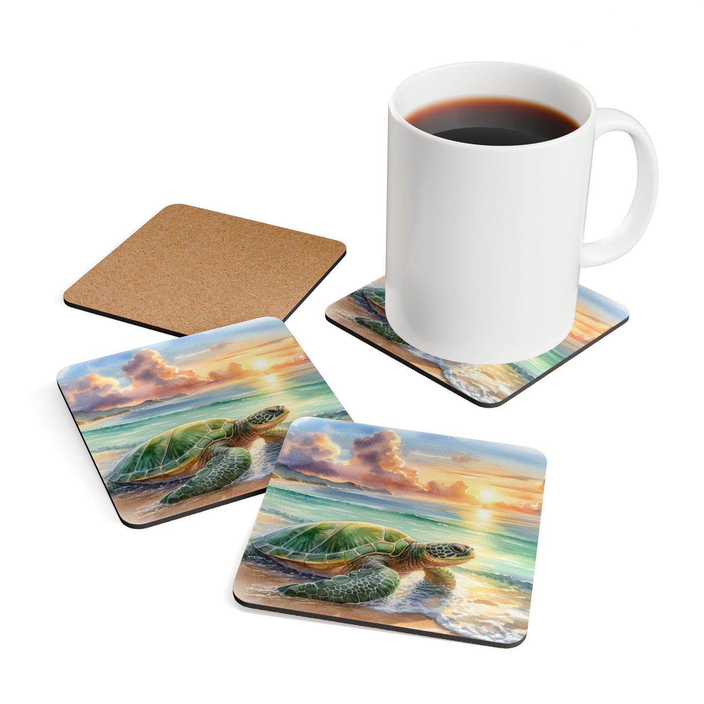 Coaster Set - Turtle Crawling Back into the Ocean at Sunset