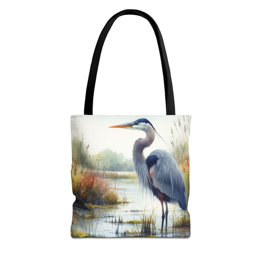 Blue Heron Tote Bag, Wildlife Nature Tote, Bird Lover Gift, Eco-Friendly Grocery Bag, Marsh Scene Beach Bag