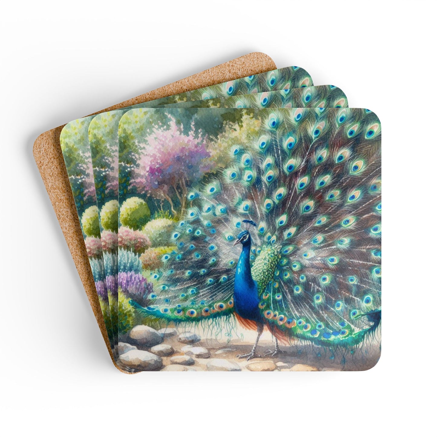 Coaster Set with Peacock Design for Home Decor, Cork Coasters, Drink Coasters, Table Coasters, Housewarming Gift, Kitchen Decor, Unique