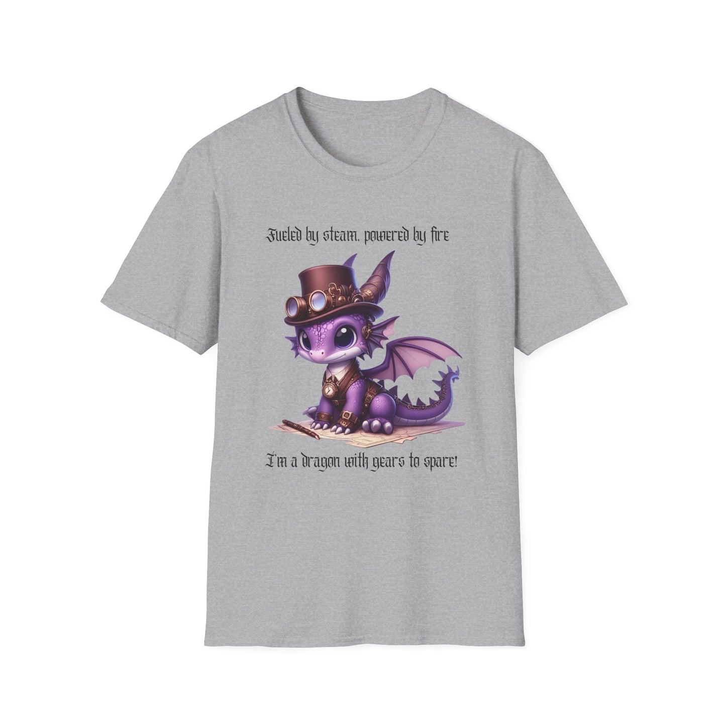 Purple Steampunk Dragon Unisex T-Shirt, Fueled by Steam, Powered by Fire Tee, Gear Design Shirt, Fantasy Shirt