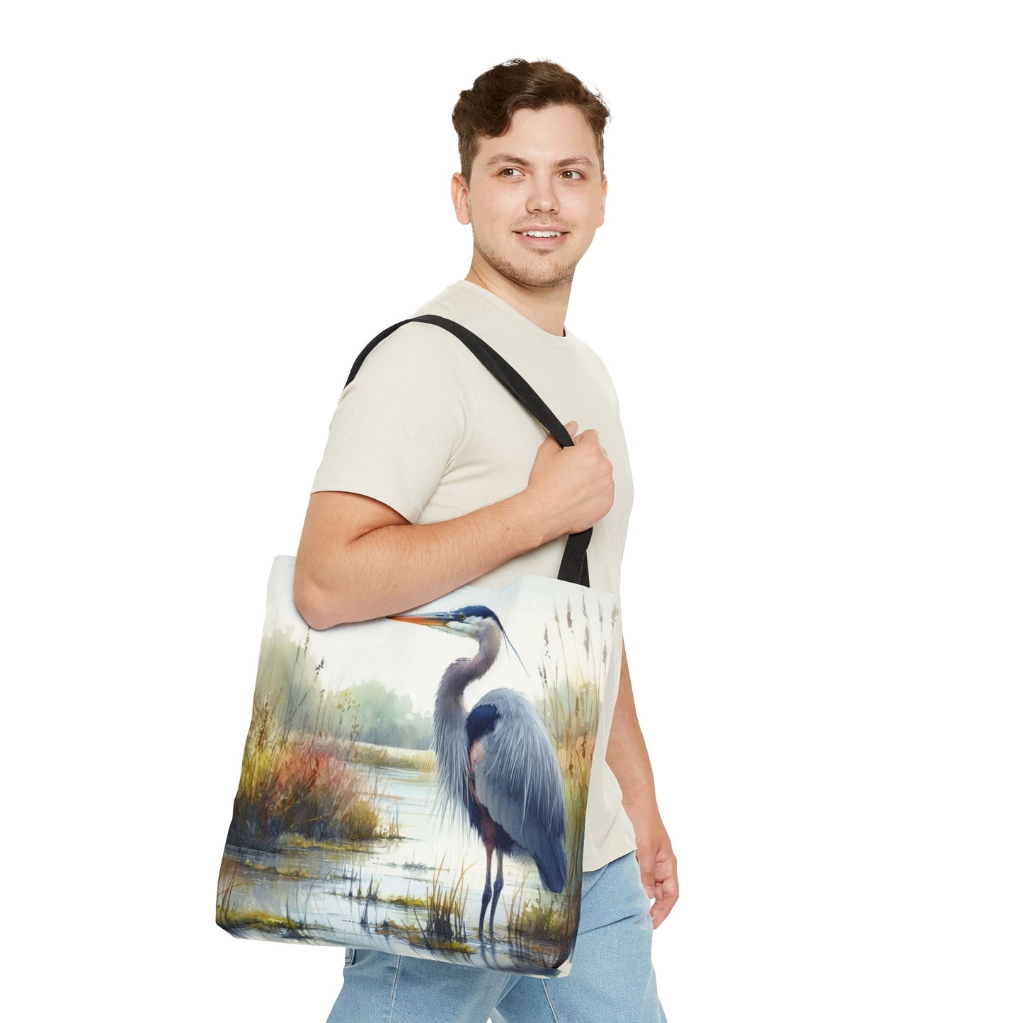 Blue Heron Tote Bag, Wildlife Nature Tote, Bird Lover Gift, Eco-Friendly Grocery Bag, Marsh Scene Beach Bag